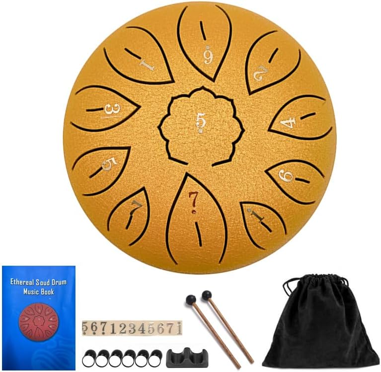 Rain Drum for Outside - Steel Tongue Rain Drum Chime 6 Inch 11 Note with Sheet Music Book for Garden Instrument, Or for Meditation Yoga (Golden, 6 Inch 11 Notes)